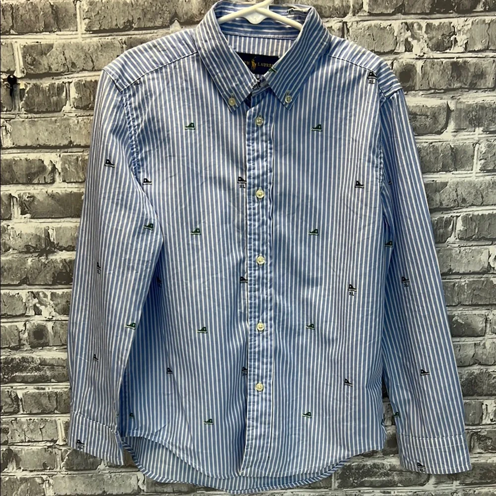 Boy's Ralph Lauren Blue Casual Button Down‎ Shirt with Stripes